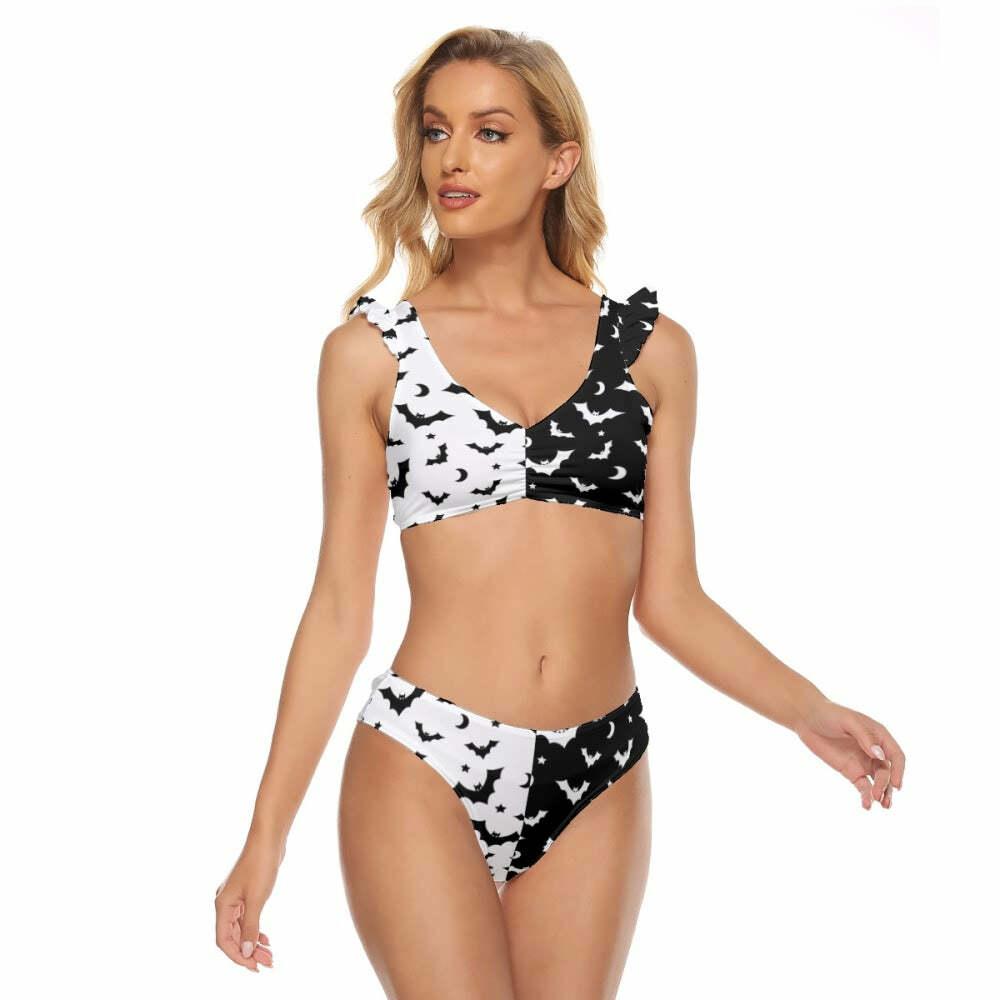 Gothic Y2K Two Tone Ruffle Strap Bikini Set - Retro 90s Grunge Summer Beach Outfit