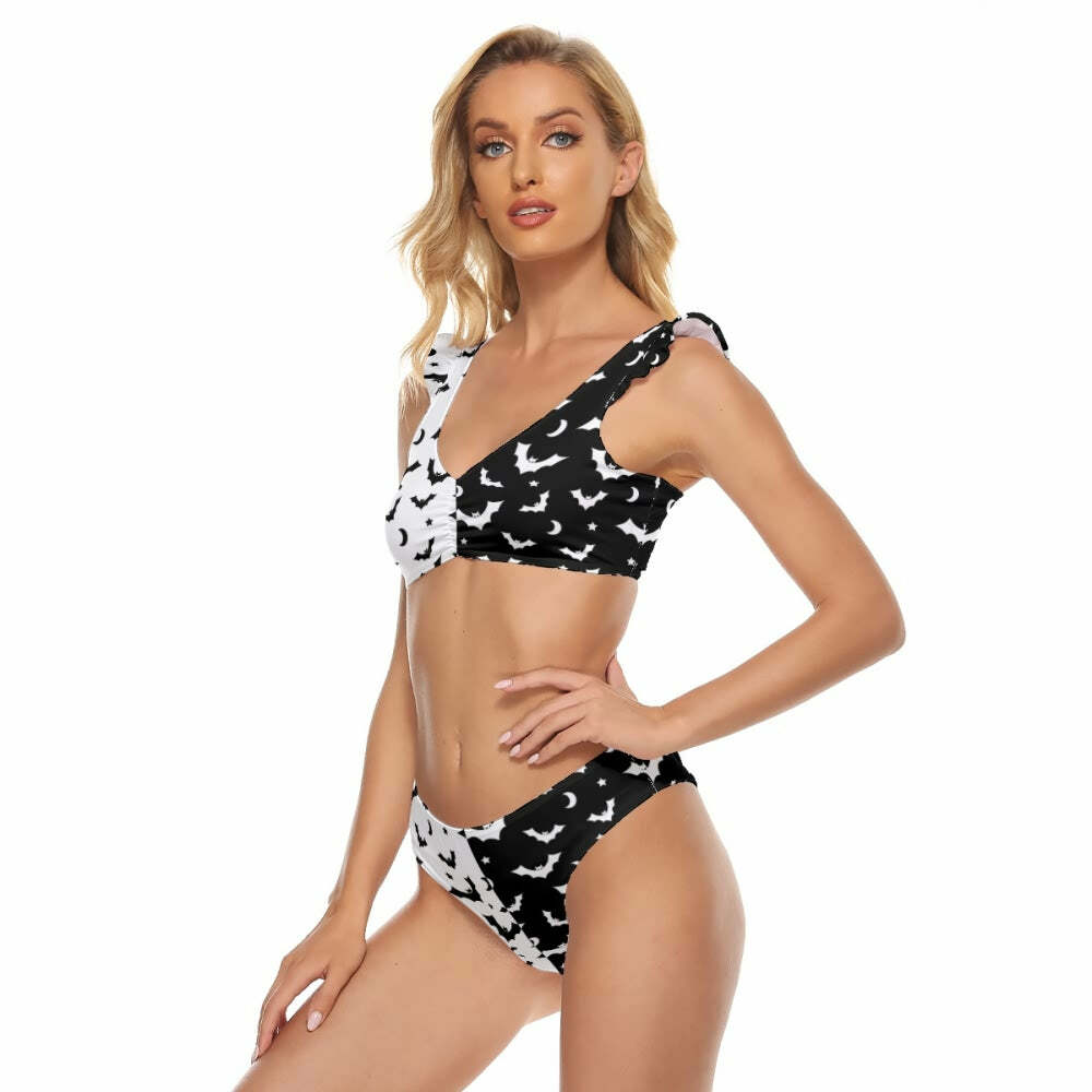 Gothic Y2K Two Tone Ruffle Strap Bikini Set - Retro 90s Grunge Summer Beach Outfit