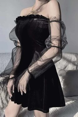 Gothic Y2K Velvet Off Shoulder Dress with Mesh Lantern Sleeves - Perfect for 90s Grunge Outfits