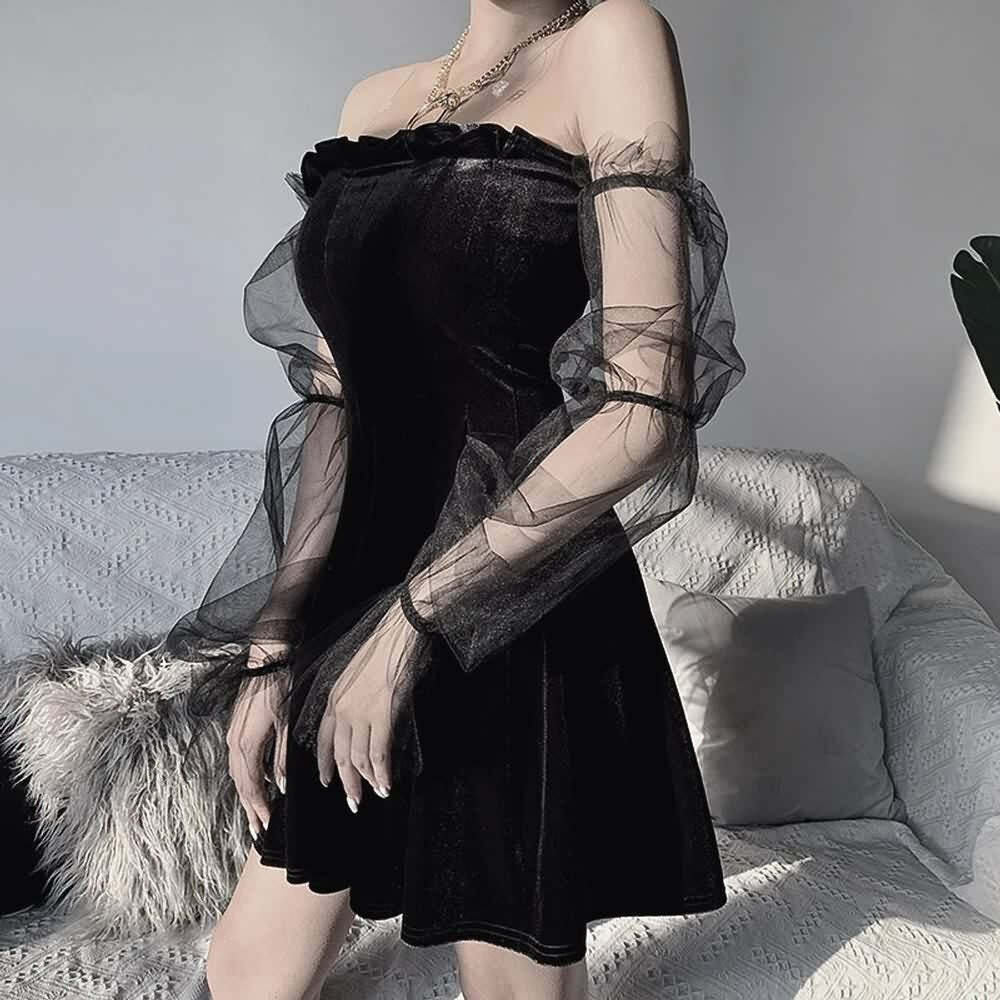 Gothic Y2K Velvet Off Shoulder Dress with Mesh Lantern Sleeves - Perfect for 90s Grunge Outfits