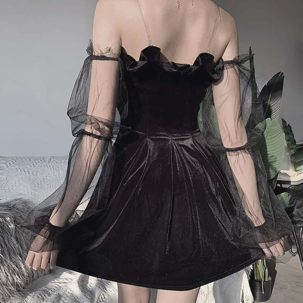 Gothic Y2K Velvet Off Shoulder Dress with Mesh Lantern Sleeves - Perfect for 90s Grunge Outfits