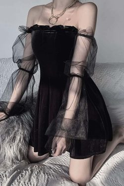Gothic Y2K Velvet Off Shoulder Dress with Mesh Lantern Sleeves - Perfect for 90s Grunge Outfits