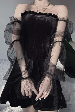 Gothic Y2K Velvet Off Shoulder Dress with Mesh Lantern Sleeves - Perfect for 90s Grunge Outfits