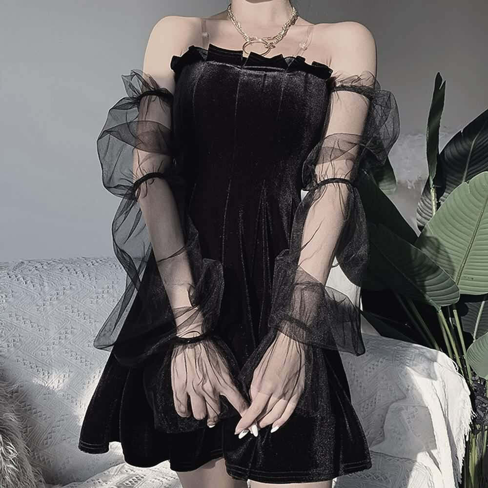 Gothic Y2K Velvet Off Shoulder Dress with Mesh Lantern Sleeves - Perfect for 90s Grunge Outfits