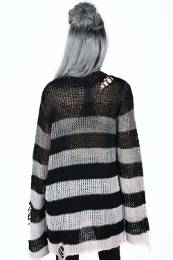 Gradient Gray Striped Gothic Distressed Knit Sweater - Y2K Grunge Retro 90s Fashion Outfit