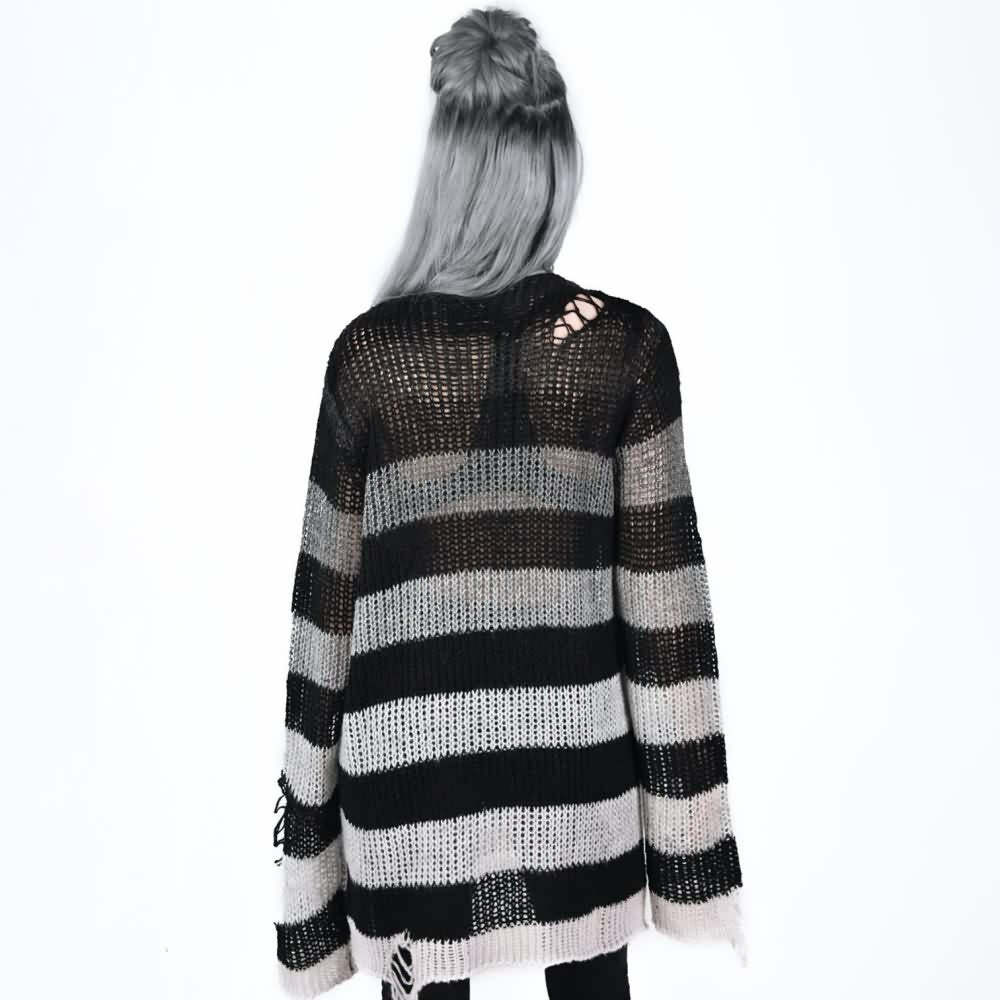 Gradient Gray Striped Gothic Distressed Knit Sweater - Y2K Grunge Retro 90s Fashion Outfit
