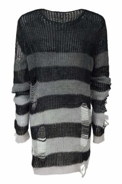 Gradient Gray Striped Gothic Distressed Knit Sweater - Y2K Grunge Retro 90s Fashion Outfit