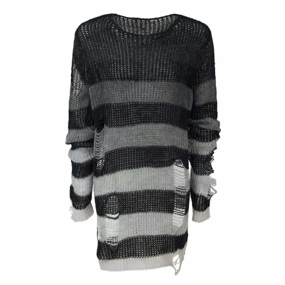 Gradient Gray Striped Gothic Distressed Knit Sweater - Y2K Grunge Retro 90s Fashion Outfit