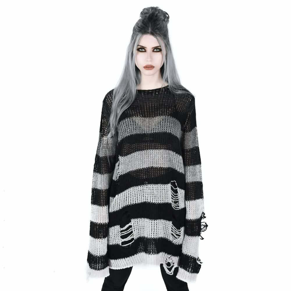 Gradient Gray Striped Gothic Distressed Knit Sweater - Y2K Grunge Retro 90s Fashion Outfit