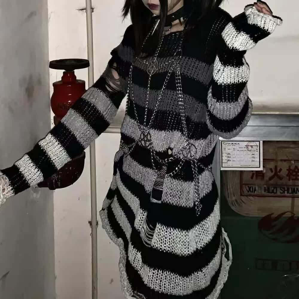 Gradient Gray Striped Gothic Distressed Knit Sweater - Y2K Grunge Retro 90s Fashion Outfit