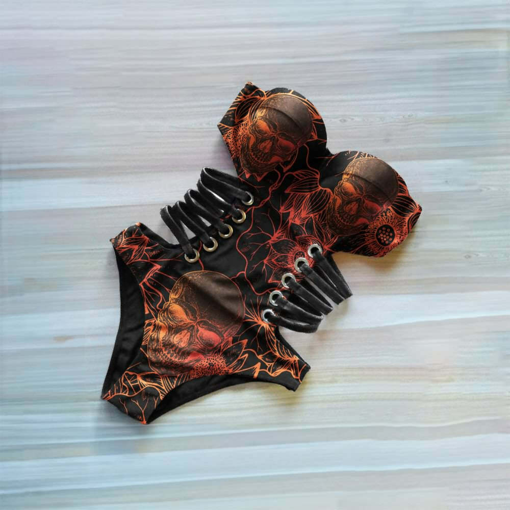 Gradient Skull Flower Monokini - Y2K Summer Grunge 90s Retro Goth Swimsuit