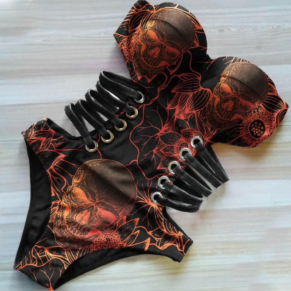 Gradient Skull Flower Monokini - Y2K Summer Grunge 90s Retro Goth Swimsuit