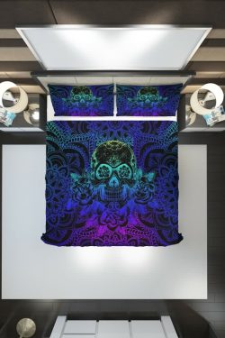 Gradient Sugar Skull Mandala Rose Duvet Cover Set - Y2K Grunge, 90s Retro, Pastel Goth, Summer Vibes