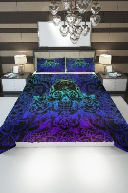 Gradient Sugar Skull Mandala Rose Duvet Cover Set - Y2K Grunge, 90s Retro, Pastel Goth, Summer Vibes