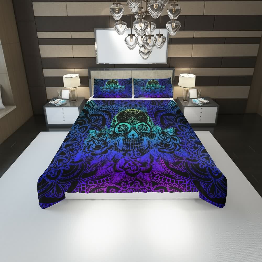 Gradient Sugar Skull Mandala Rose Duvet Cover Set - Y2K Grunge, 90s Retro, Pastel Goth, Summer Vibes