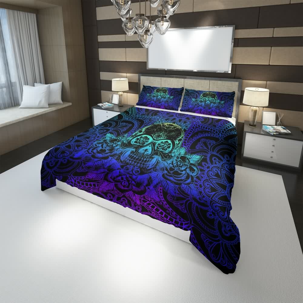 Gradient Sugar Skull Mandala Rose Duvet Cover Set - Y2K Grunge, 90s Retro, Pastel Goth, Summer Vibes