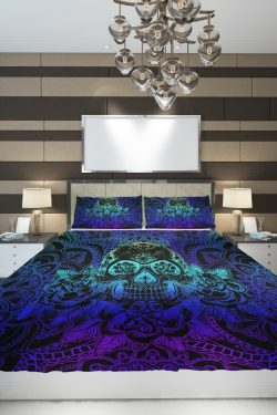 Gradient Sugar Skull Mandala Rose Duvet Cover Set - Y2K Grunge, 90s Retro, Pastel Goth, Summer Vibes