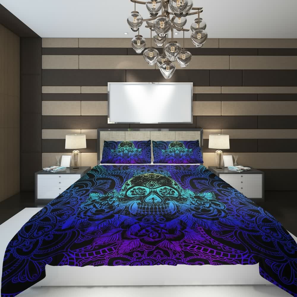 Gradient Sugar Skull Mandala Rose Duvet Cover Set - Y2K Grunge, 90s Retro, Pastel Goth, Summer Vibes