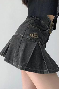 Gray Denim Skirt - Y2K Summer Grunge Outfit, 90s Fashion, Retro Style, Y2K Club & Party Look