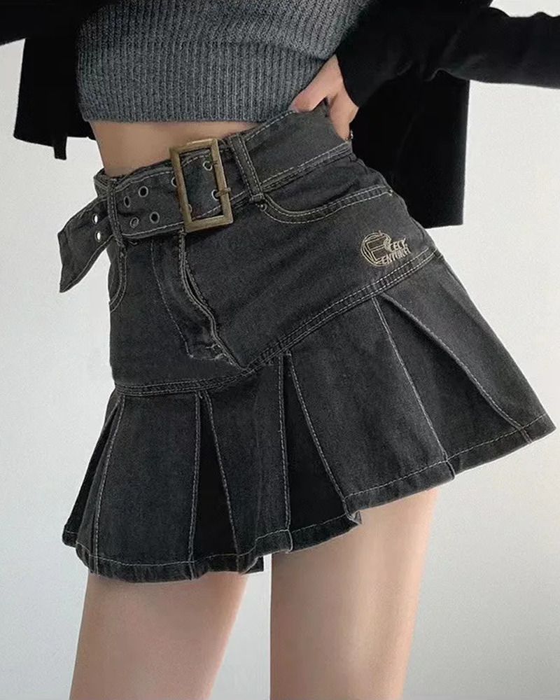 Gray Denim Skirt - Y2K Summer Grunge Outfit, 90s Fashion, Retro Style, Y2K Club & Party Look