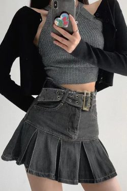 Gray Denim Skirt - Y2K Summer Grunge Outfit, 90s Fashion, Retro Style, Y2K Club & Party Look