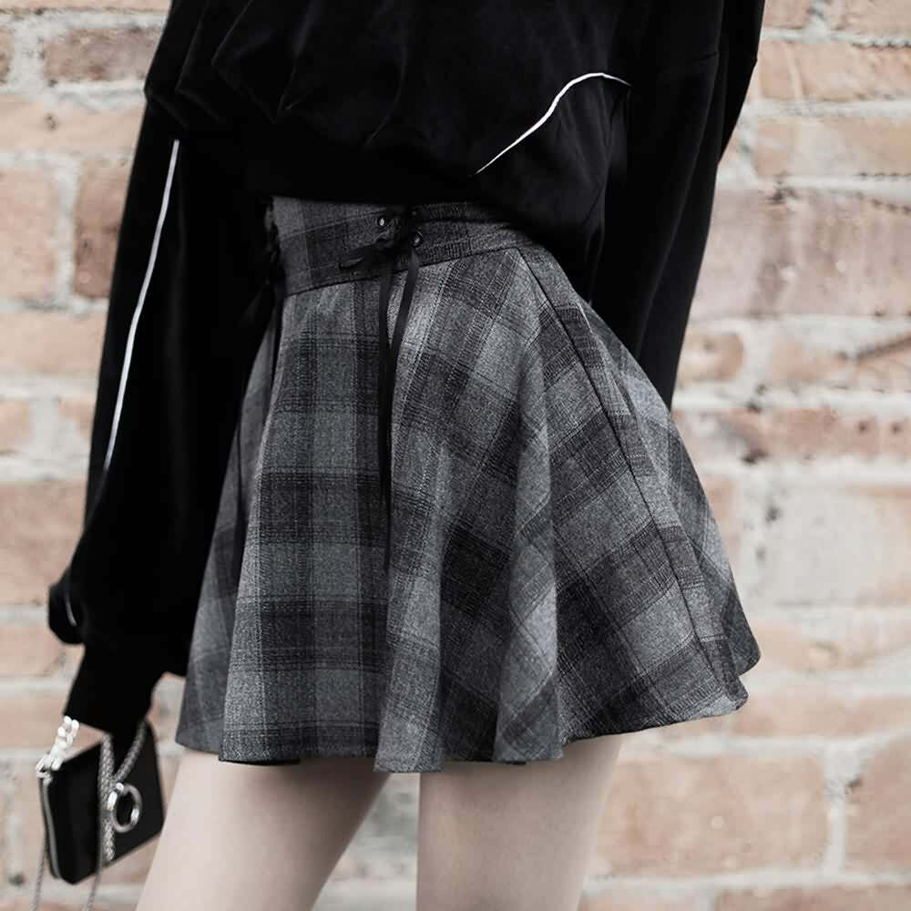 Gray Gothic Grunge Plaid Mini Skirt - Y2K Summer Outfit, 90s Fashion, Retro Style