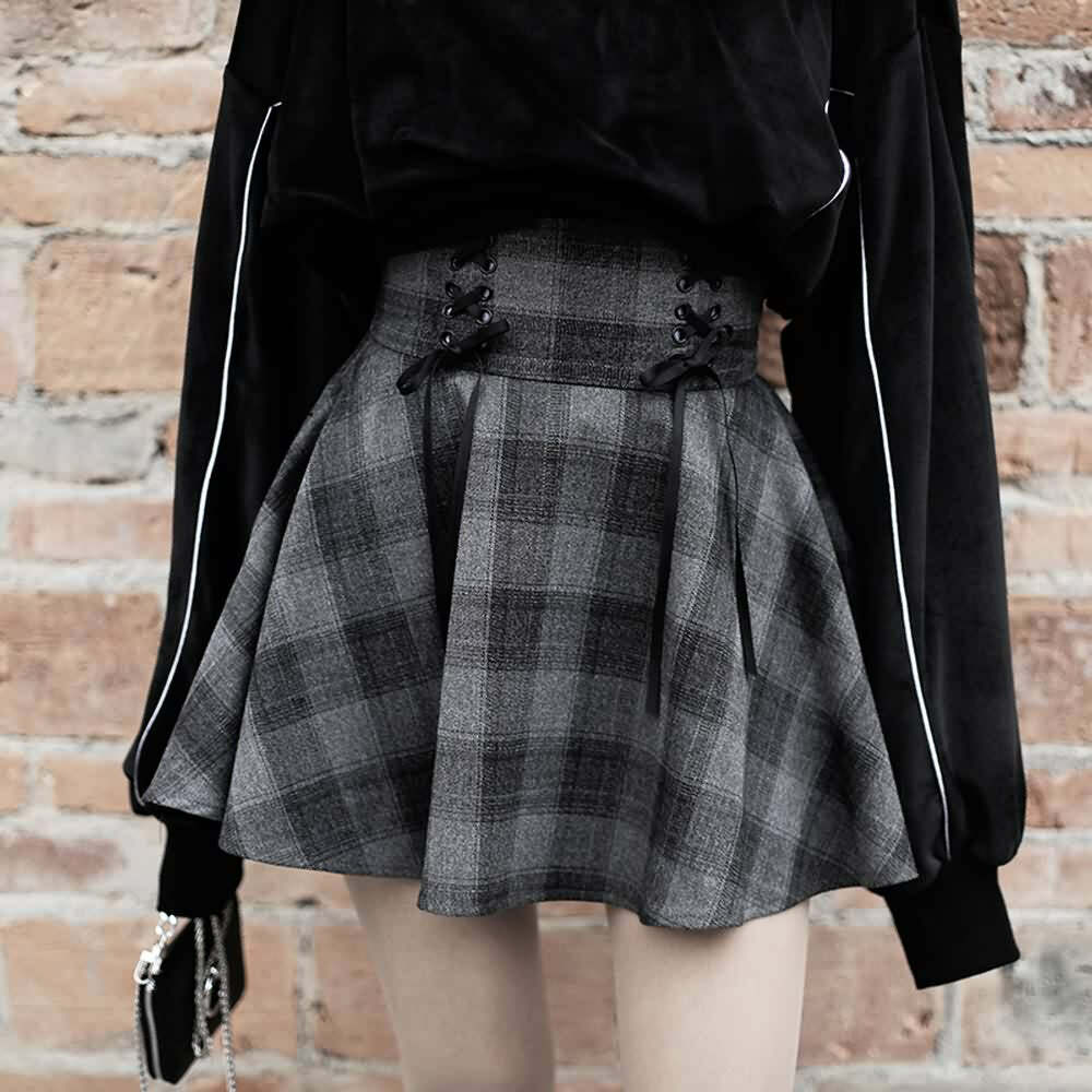 Gray Gothic Grunge Plaid Mini Skirt - Y2K Summer Outfit, 90s Fashion, Retro Style