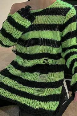 Green Black Striped Sweater - Y2K Grunge, 90s Fashion, Retro Style, Y2K Summer Outfits