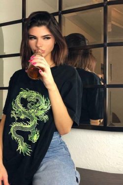 Green Dragon Print Shirt - Y2K Summer Grunge, 90s Retro, Gothic Y2K, Y2K Club & Party Outfits