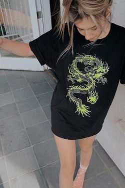 Green Dragon Print Shirt - Y2K Summer Grunge, 90s Retro, Gothic Y2K, Y2K Club & Party Outfits