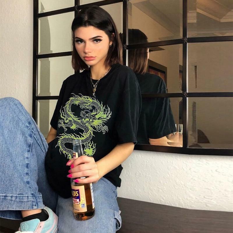 Green Dragon Print Shirt - Y2K Summer Grunge, 90s Retro, Gothic Y2K, Y2K Club & Party Outfits