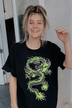 Green Dragon Print Shirt - Y2K Summer Grunge, 90s Retro, Gothic Y2K, Y2K Club & Party Outfits