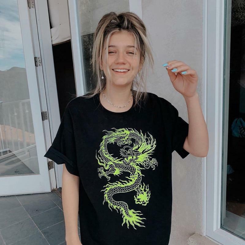 Green Dragon Print Shirt - Y2K Summer Grunge, 90s Retro, Gothic Y2K, Y2K Club & Party Outfits
