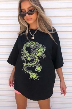Green Dragon Print Shirt - Y2K Summer Grunge, 90s Retro, Gothic Y2K, Y2K Club & Party Outfits