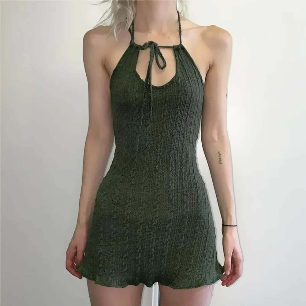 Green Fairy Grunge Halter Knit Short Dress - Y2K Summer, 90s Fashion, Retro Style, Pastel Goth