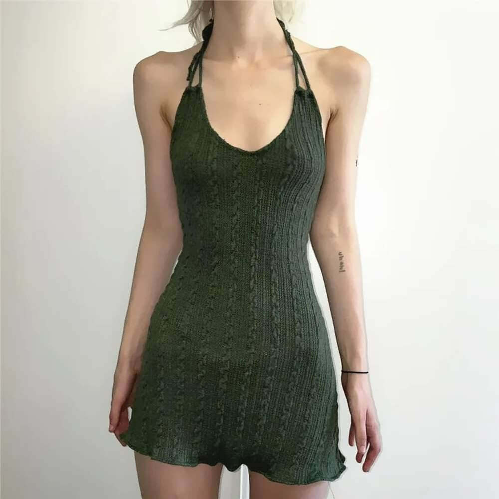 Green Fairy Grunge Halter Knit Short Dress - Y2K Summer, 90s Fashion, Retro Style, Pastel Goth
