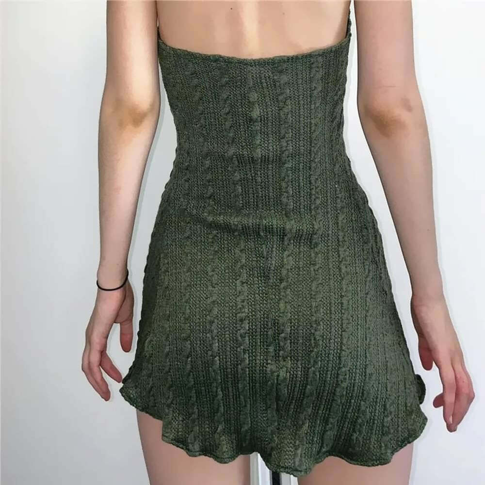 Green Fairy Grunge Halter Knit Short Dress - Y2K Summer, 90s Fashion, Retro Style, Pastel Goth