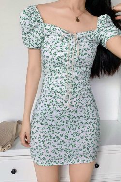 Green Floral Mini Dress - Y2K Summer Outfit, 90s Fashion, Grunge, Retro Style, Y2K Party Look