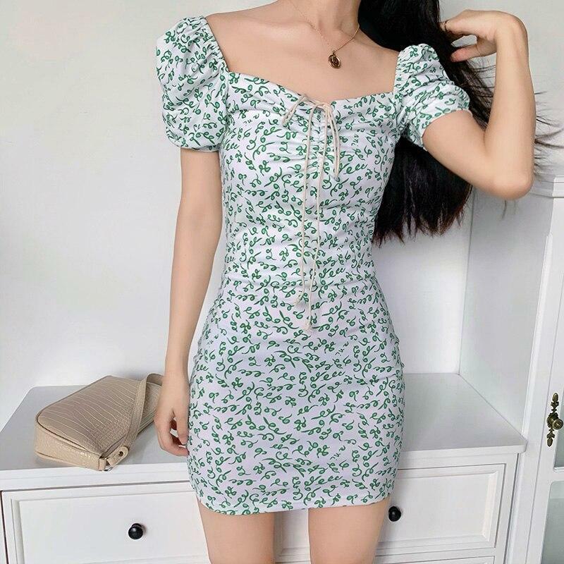 Green Floral Mini Dress - Y2K Summer Outfit, 90s Fashion, Grunge, Retro Style, Y2K Party Look