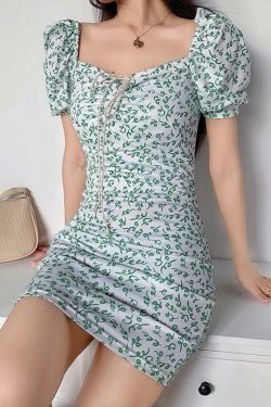 Green Floral Mini Dress - Y2K Summer Outfit, 90s Fashion, Grunge, Retro Style, Y2K Party Look