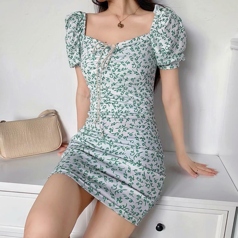 Green Floral Mini Dress - Y2K Summer Outfit, 90s Fashion, Grunge, Retro Style, Y2K Party Look