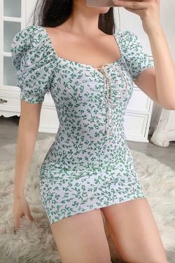 Green Floral Mini Dress - Y2K Summer Outfit, 90s Fashion, Grunge, Retro Style, Y2K Party Look