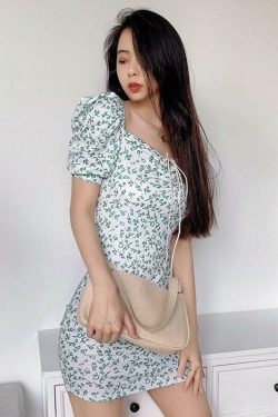 Green Floral Mini Dress - Y2K Summer Outfit, 90s Fashion, Grunge, Retro Style, Y2K Party Look