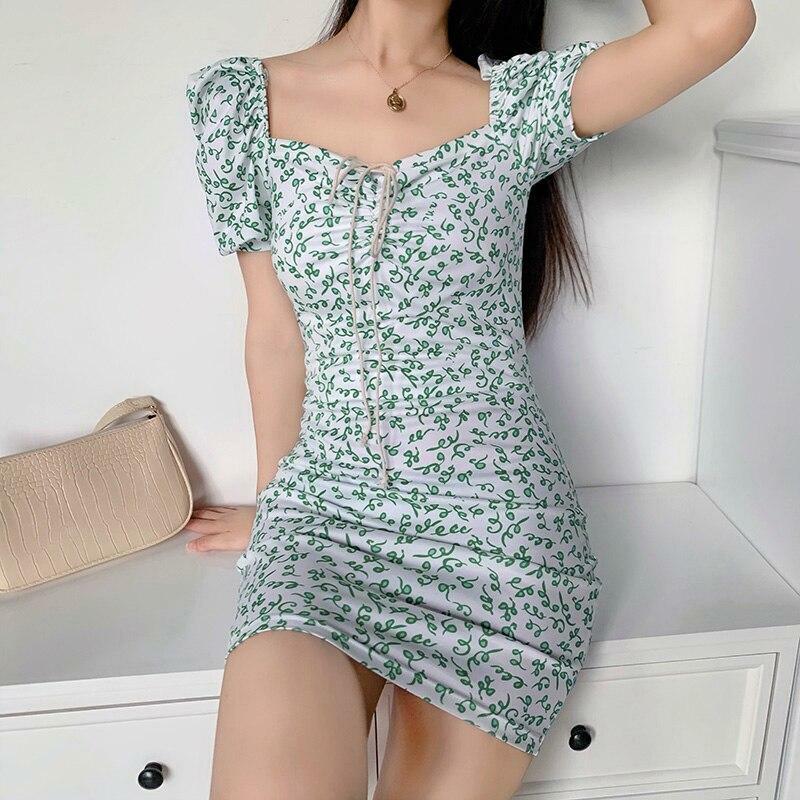 Green Floral Mini Dress - Y2K Summer Outfit, 90s Fashion, Grunge, Retro Style, Y2K Party Look