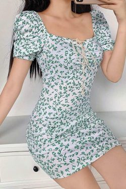 Green Floral Mini Dress - Y2K Summer Outfit, 90s Fashion, Grunge, Retro Style, Y2K Party Look
