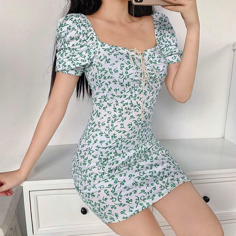 Green Floral Mini Dress - Y2K Summer Outfit, 90s Fashion, Grunge, Retro Style, Y2K Party Look