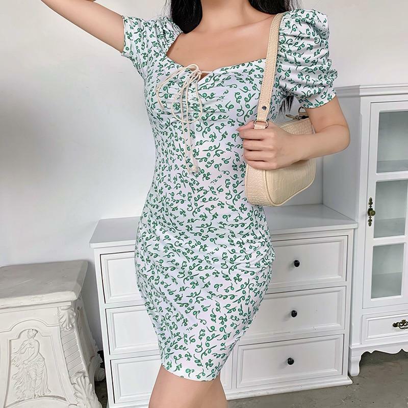 Green Floral Mini Dress - Y2K Summer Outfit, 90s Fashion, Grunge, Retro Style, Y2K Party Look