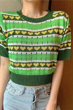 Green Heart Knitted Crop Top - Y2K Summer, 90s Grunge, Retro Style, Y2K Party Outfit