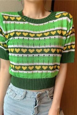 Green Heart Knitted Crop Top - Y2K Summer, 90s Grunge, Retro Style, Y2K Party Outfit
