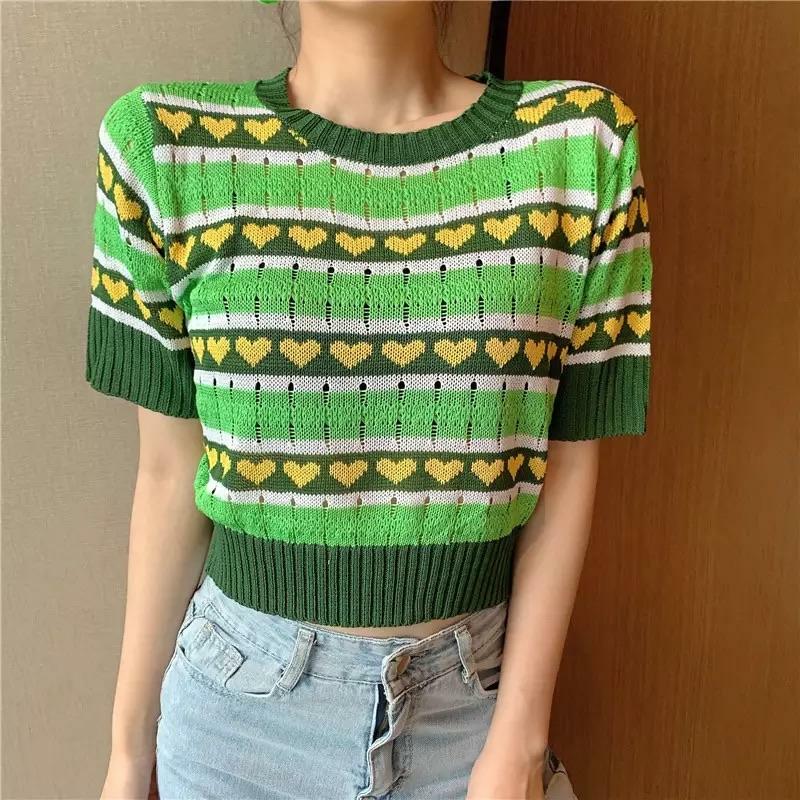 Green Heart Knitted Crop Top - Y2K Summer, 90s Grunge, Retro Style, Y2K Party Outfit